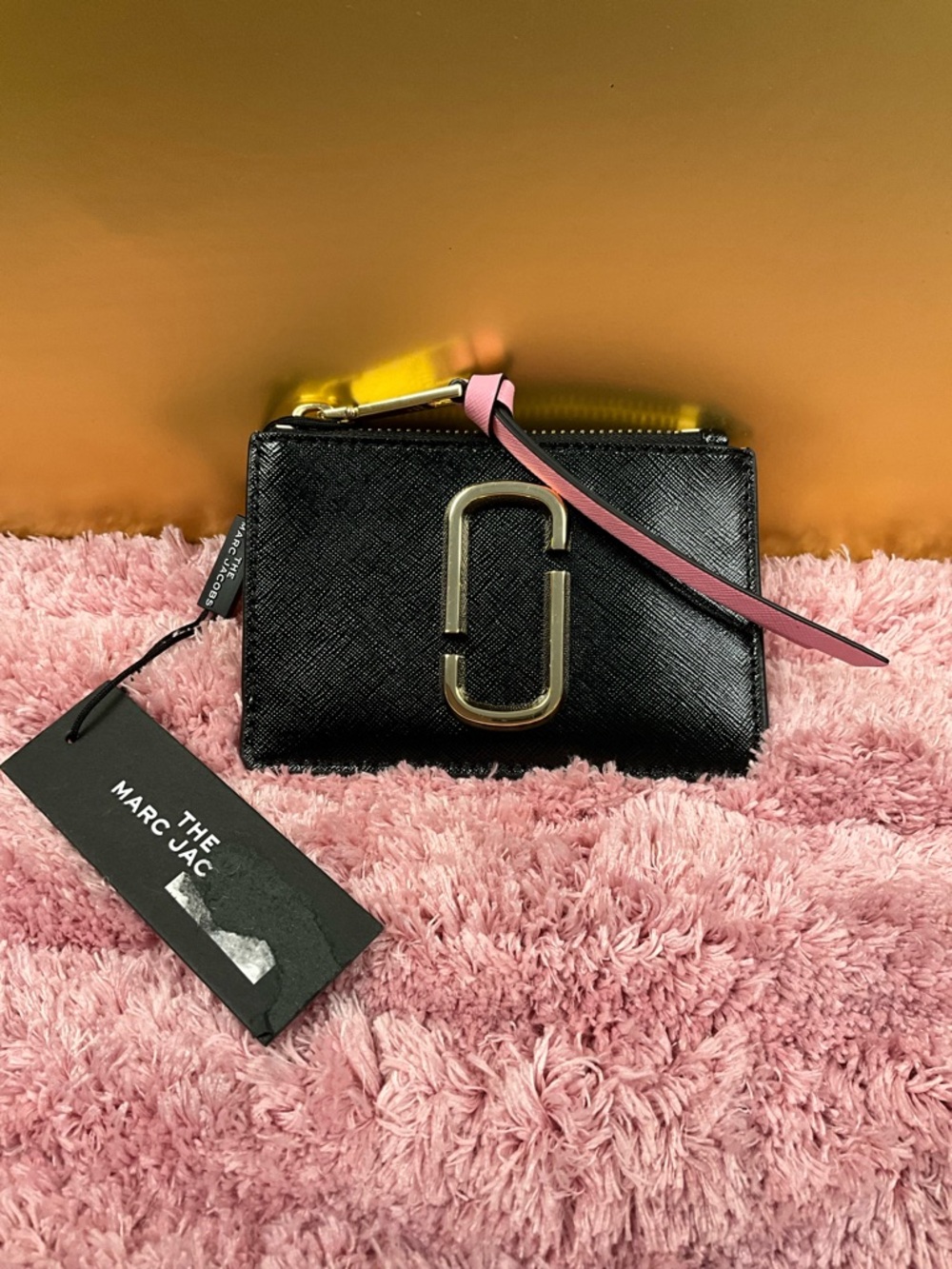Marc Jacobs Black Compact Wallet with Pink Zip Pull and Gold Hardware